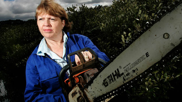 sandra-goudie-and-a-chainsaw-newspix